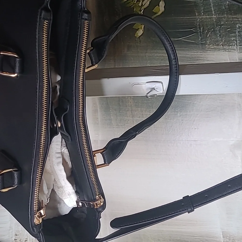 Miztique Womens Elegant Black Handbag Satchel gold accents and accent lock